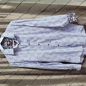 EUC- Ameri Mode Geometric Print Button Down w/Contrasting Cuff